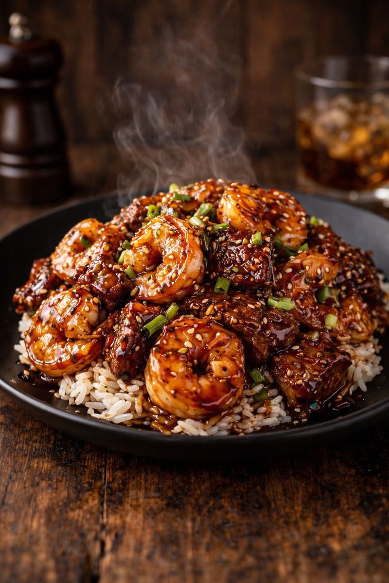 Honey Garlic Shrimp & Steak Rice